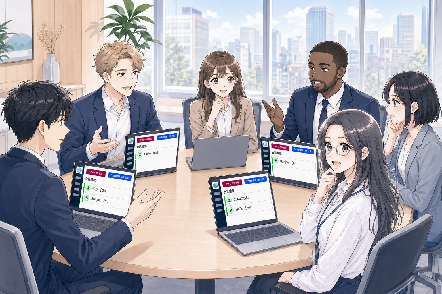 多国籍のメンバーが同じ会話を各自の言語で見ている様子
