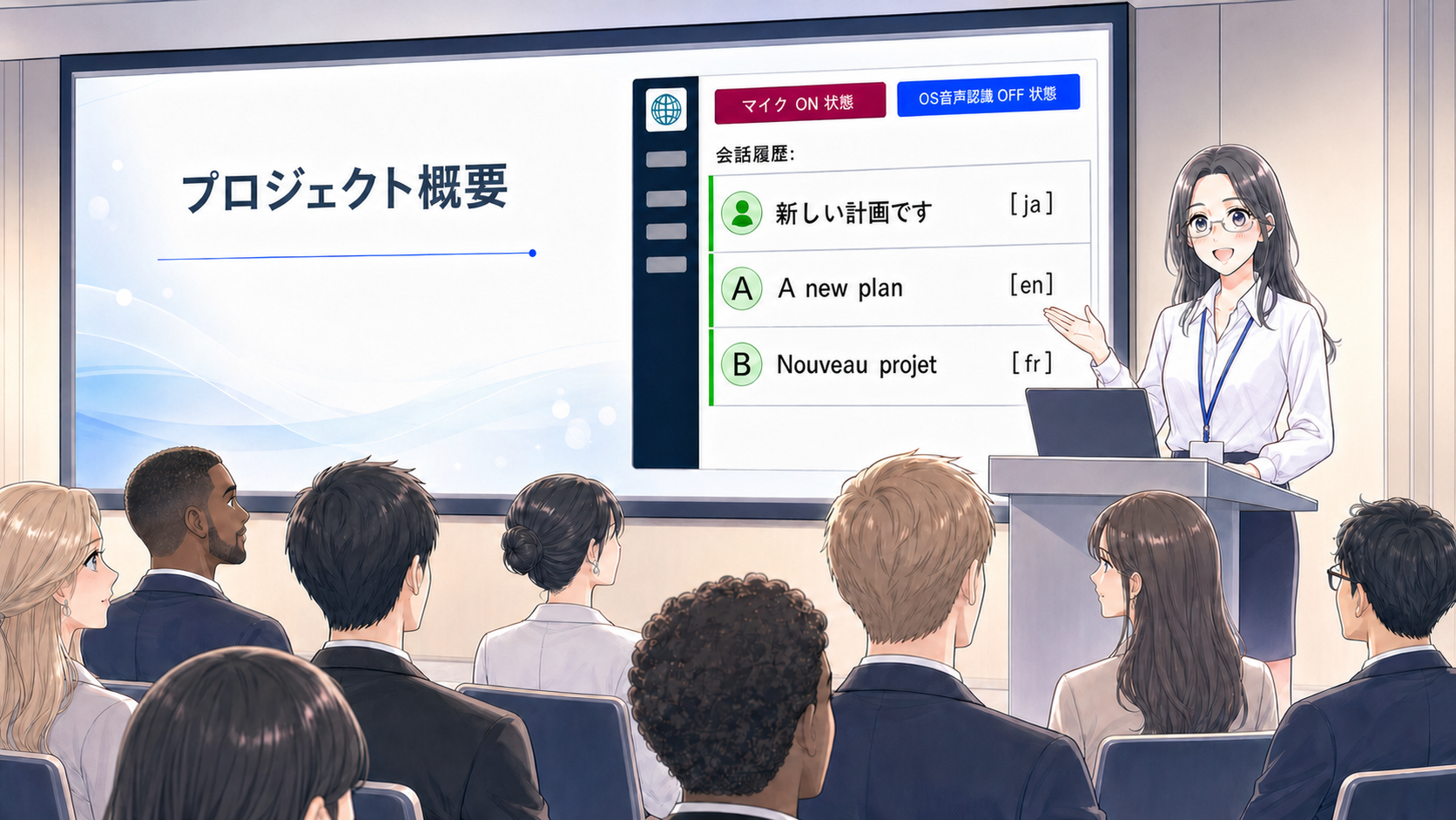 スクリーンの下に各国語の訳文が表示された発表の様子
