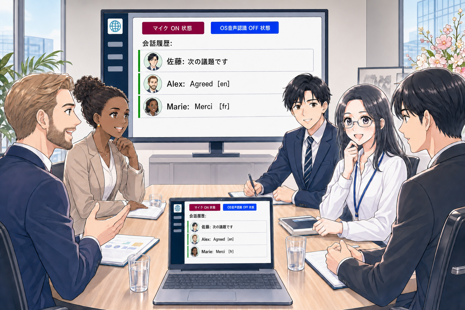 会議の発言が発話者つきで記録されている様子