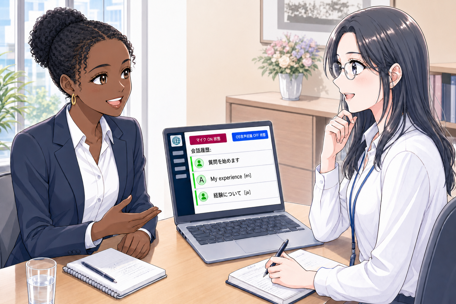 対面のインタビューで発言がテキストとして残っている様子