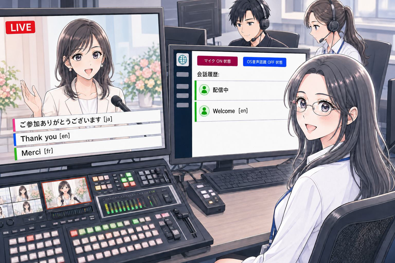ウェビナーの配信画面に字幕と会話履歴が並んでいる様子