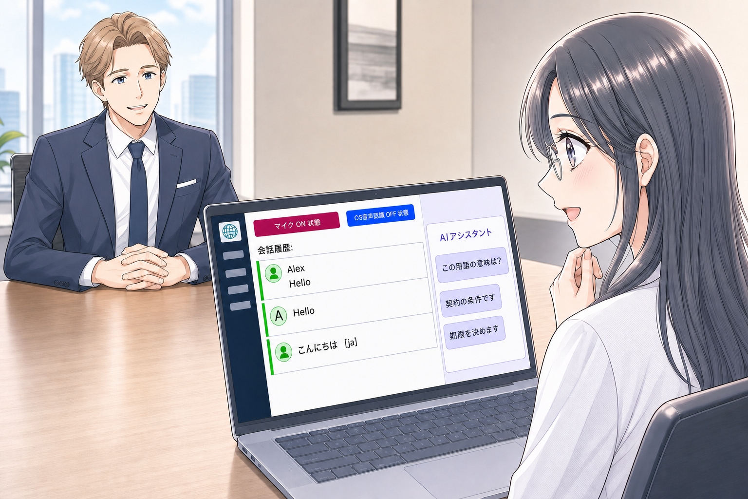会議中の画面に AI アシスタントのチャットが開いている様子