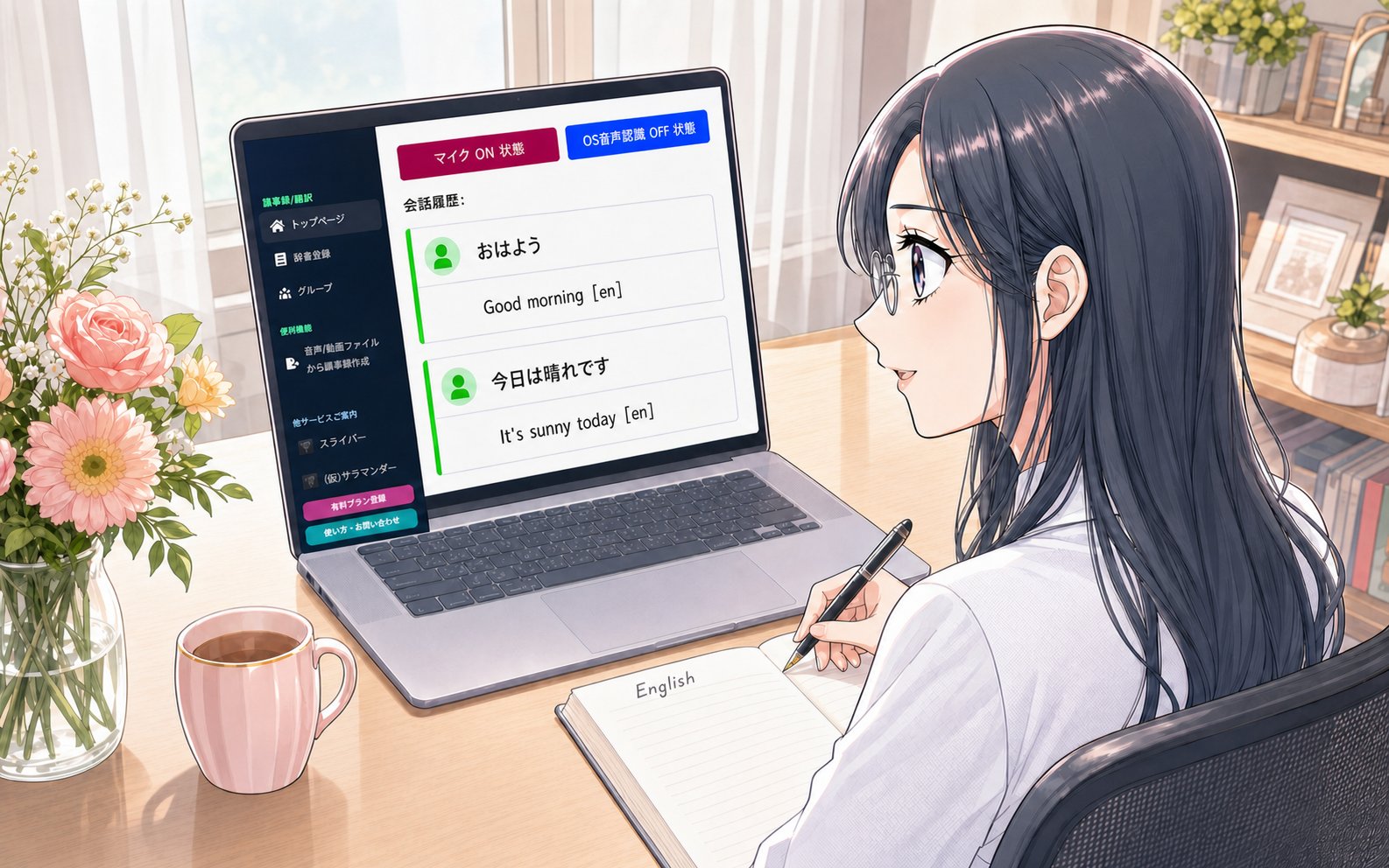 自宅の机で、話した日本語と英訳が画面に並んでいる様子