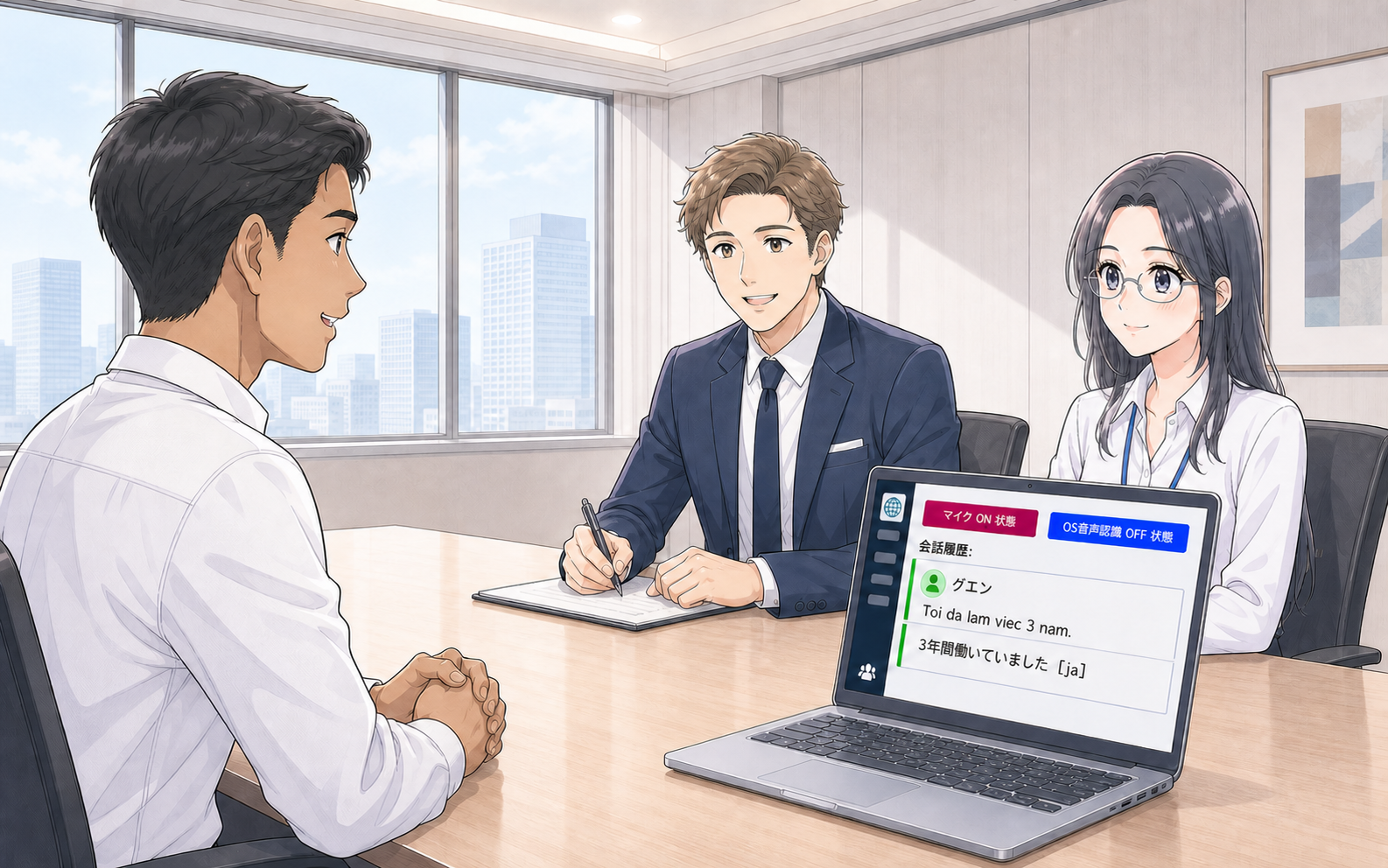 外国人応募者の面接で、応募者の発言と日本語訳が画面に並んでいる様子