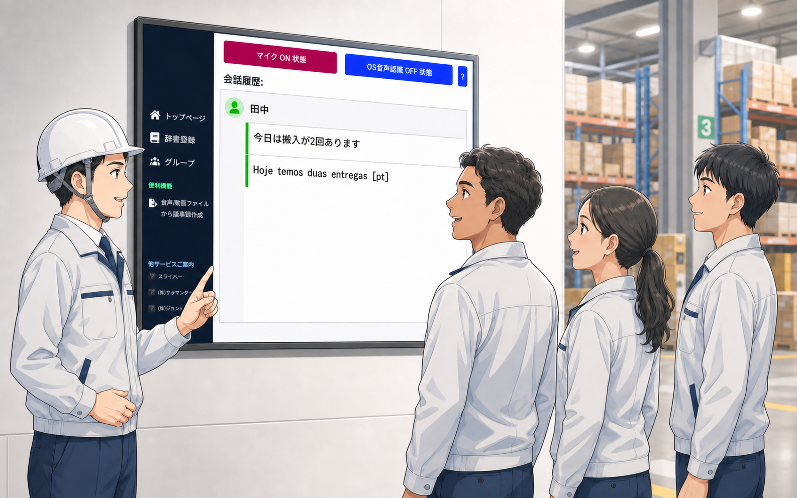 工場の朝礼で、指示と各国語の訳文が大型画面に表示されている様子