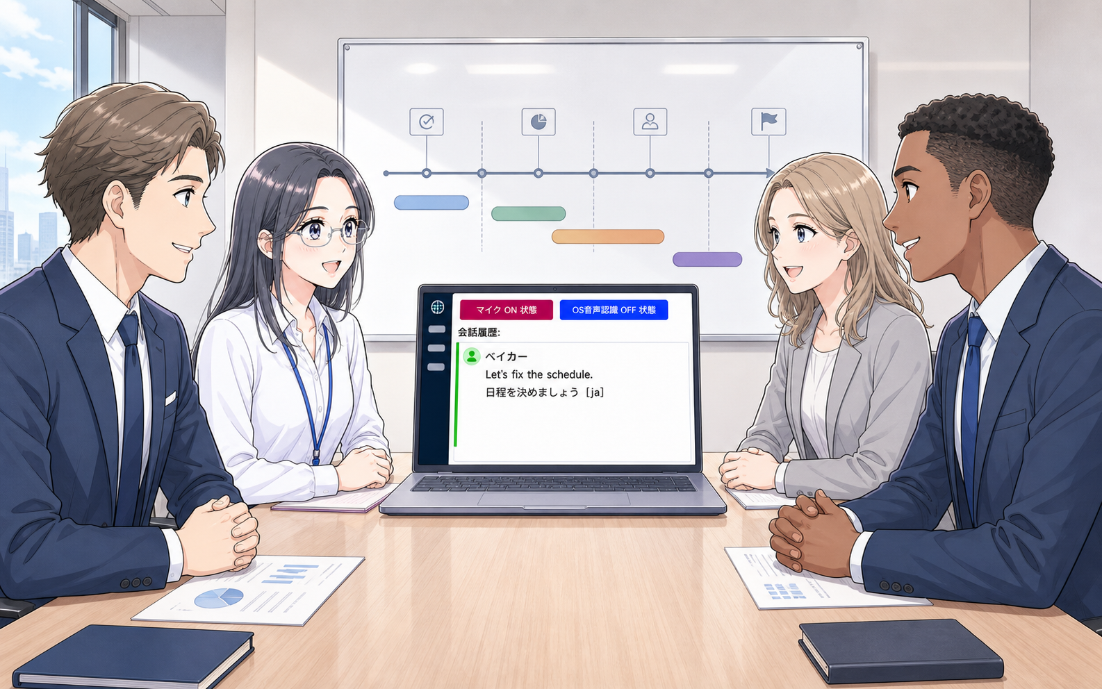 海外企業との共同プロジェクトの打ち合わせで、発言と訳文が画面に並んでいる様子