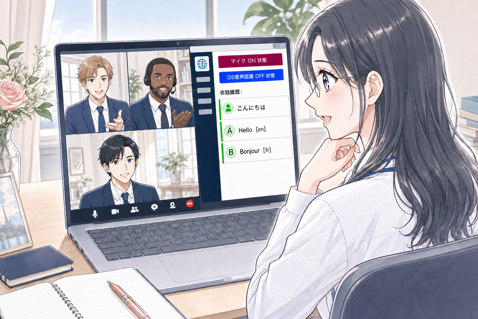 オンライン会議の画面に、発言と各国語の訳文が並んでいる様子