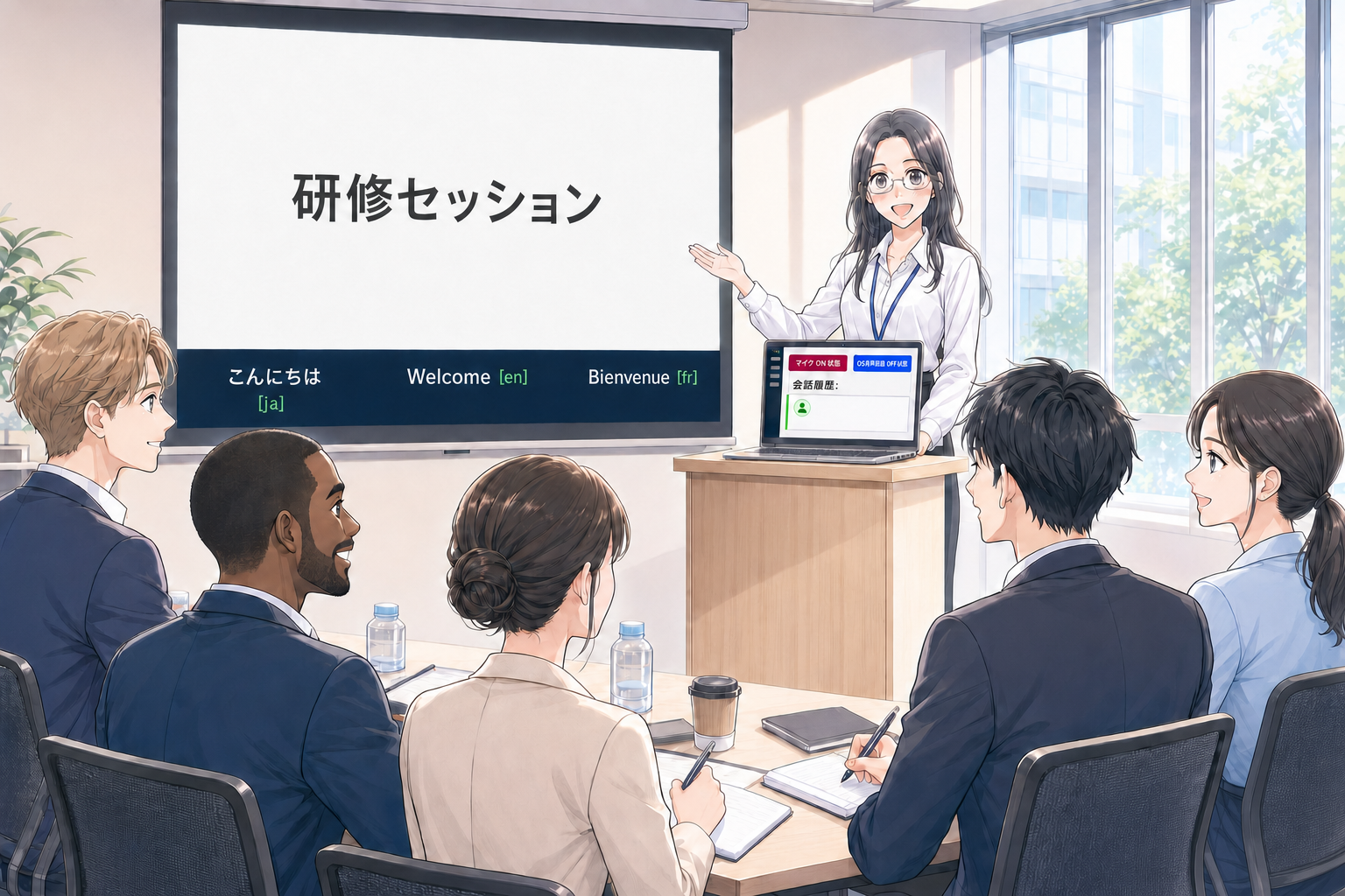 研修会場のスクリーンの下に字幕が表示されている様子