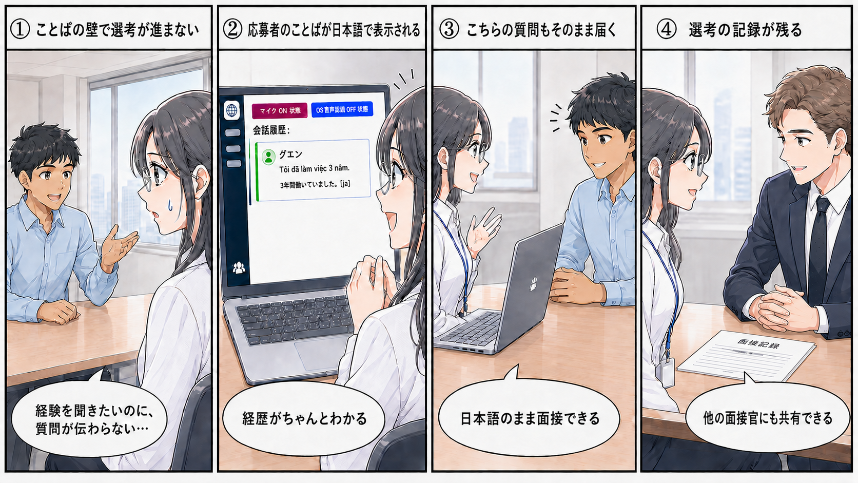 外国人労働者の採用面接の4コマ漫画 修正版1