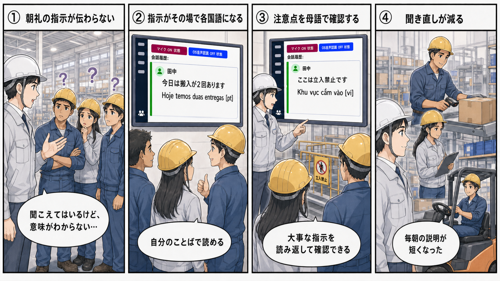 現場の朝礼・作業指示の4コマ漫画 修正版1
