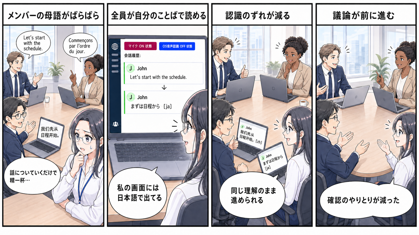 多国籍チームの会議の4コマ漫画 修正版1