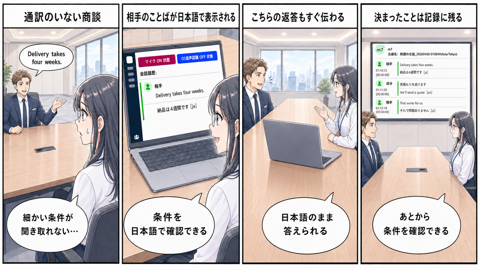 対面での国際商談の4コマ漫画 修正版1